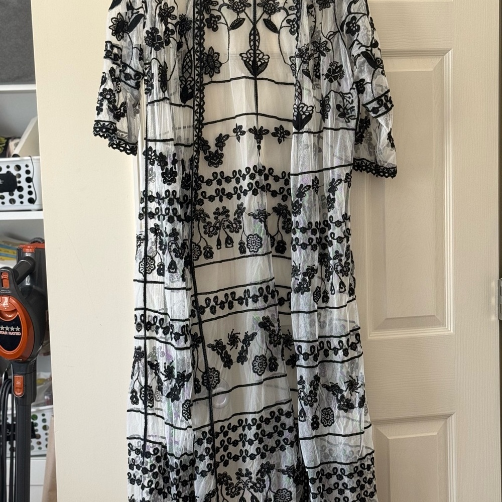 Long duster - Lane Bryant White Duster with Black Floral Embroidery